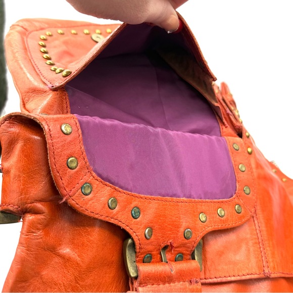 Tank Orange Leather Shoulder Bag w/ Brass Stud & Buckle Detail - 2000’s - Picture 10 of 16